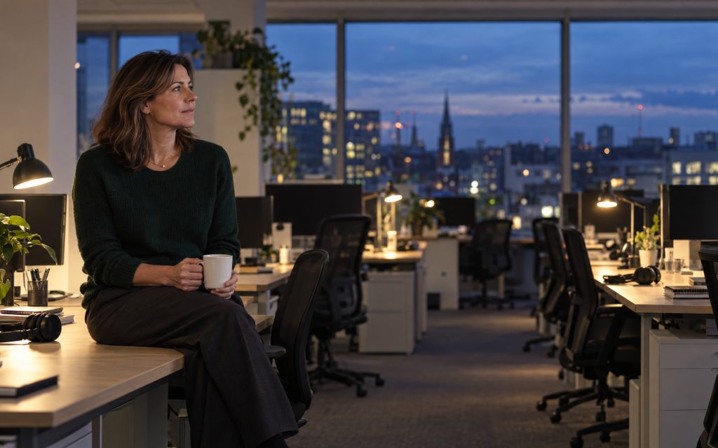 A recruitment agency founder reflects in a quiet office at dusk, surrounded by empty desks and city lights.