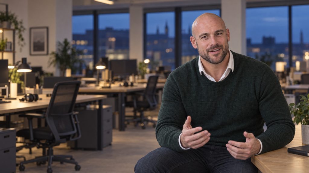 A fit recruitment agency founder speaks from a quiet office at dusk in a career-advice video poster frame.
