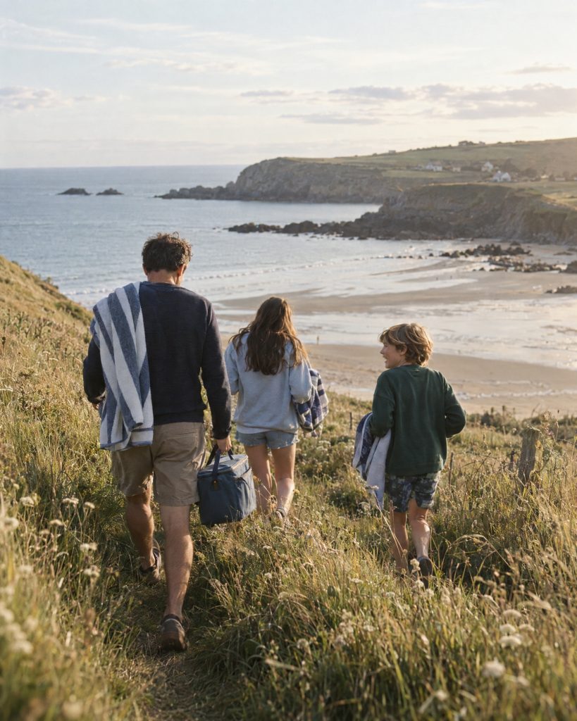 A parent and two children walk a grassy path above a sandy British bay on a relaxed summer family holiday.