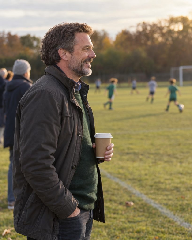 A relaxed business owner watches a children's football match from the touchline on a weekday afternoon.