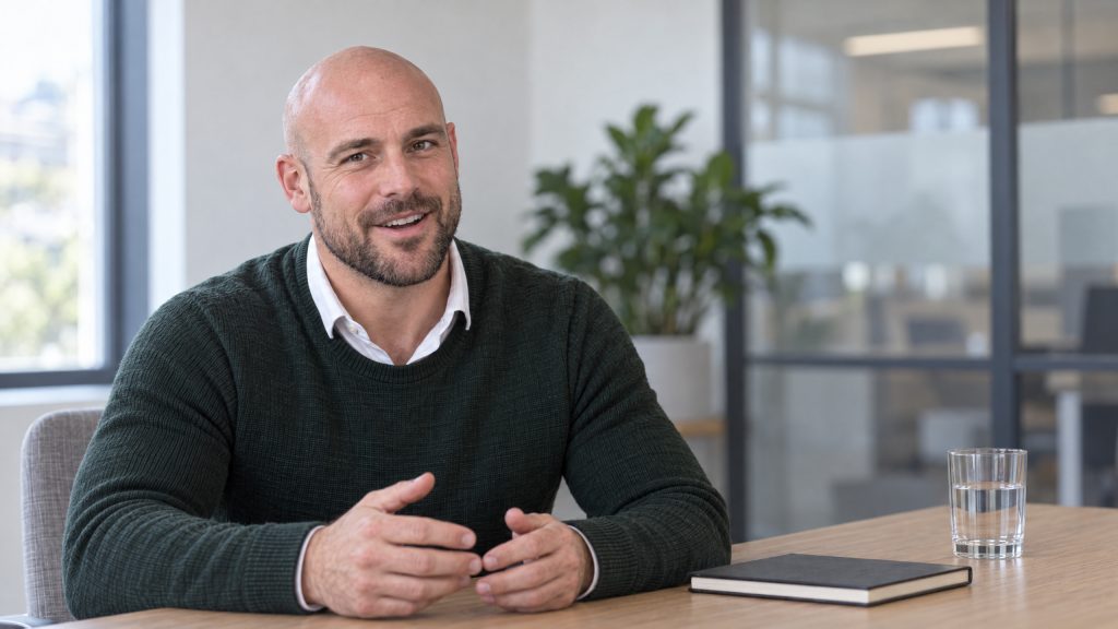 A fit business owner speaks from a bright meeting room in a calm business-advice video poster frame.