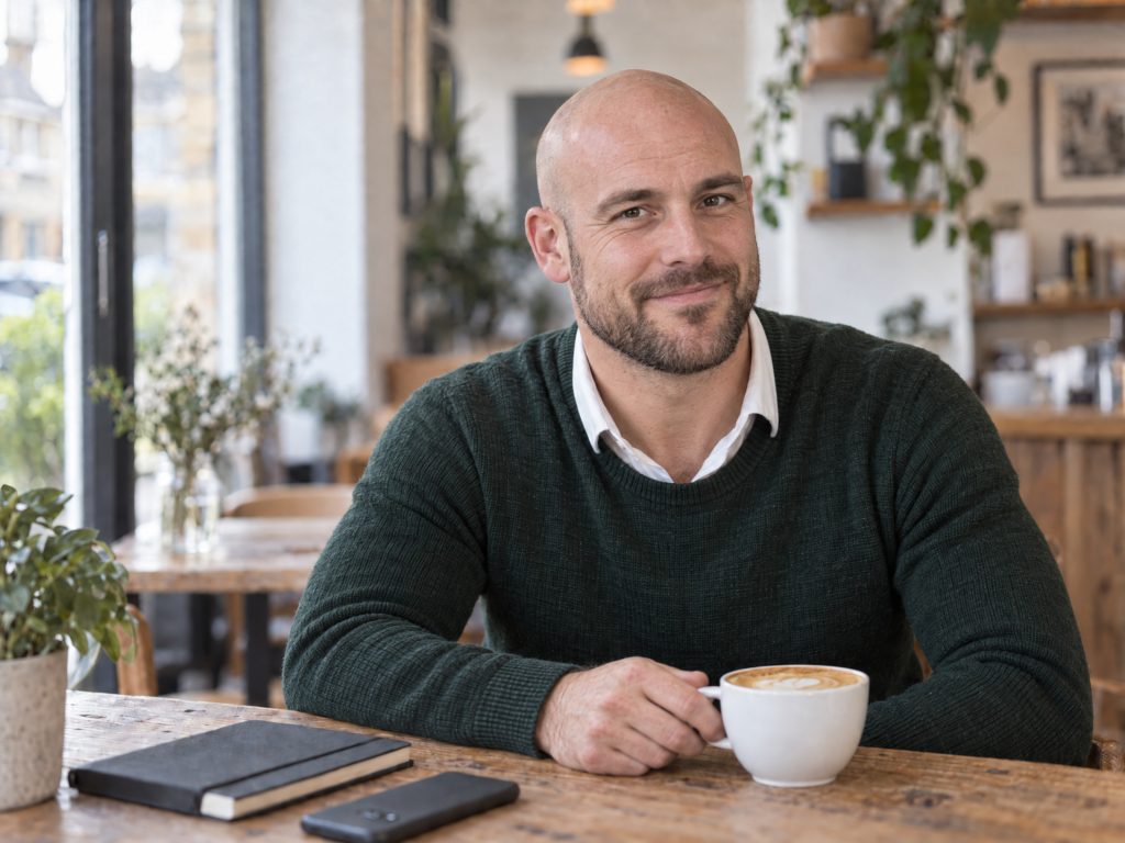 A fit, friendly professional in a green jumper enjoys a flat white in a bright independent coffee shop.