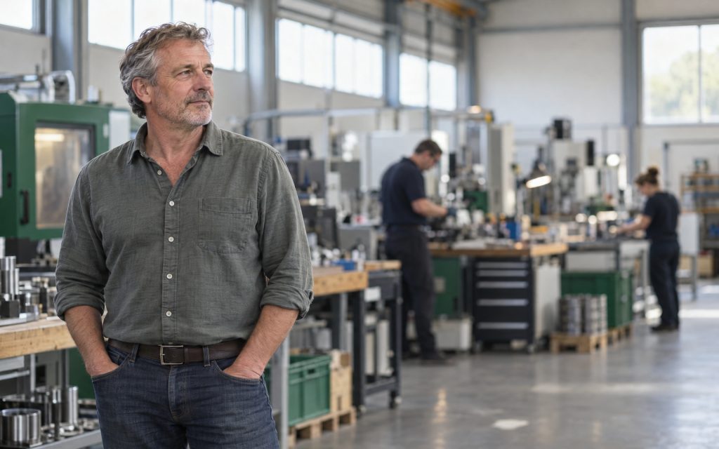 A British manufacturing business owner surveys his bright workshop while employees work in the background.