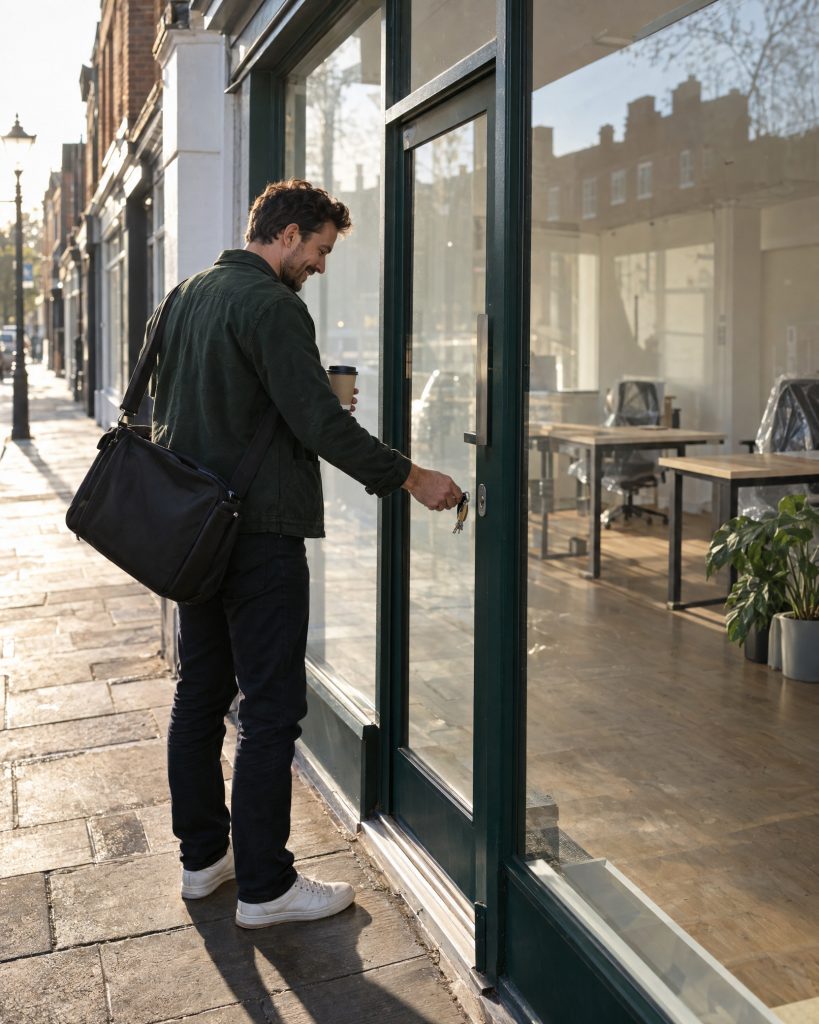 A future recruitment agency founder unlocks a newly prepared British high-street office on an early morning.