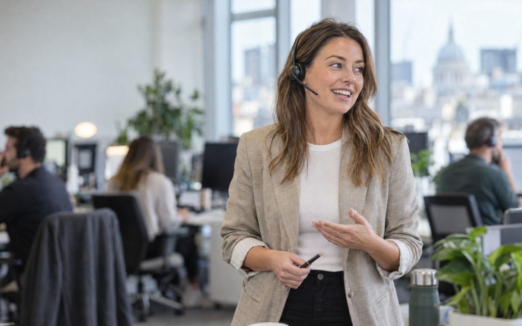 A recruitment consultant talks on a headset in a modern British office, illustrating confident career support and planning.