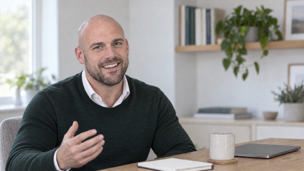 A fit recruitment professional speaks from a bright home office in a relaxed career-advice video poster frame.